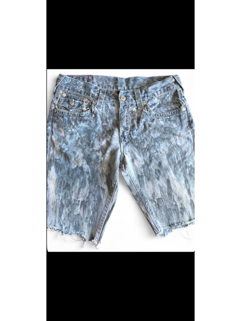 True Religion Men's Blue Acid Wash Denim Cutoff Shorts Straight Fit 5-Pocket